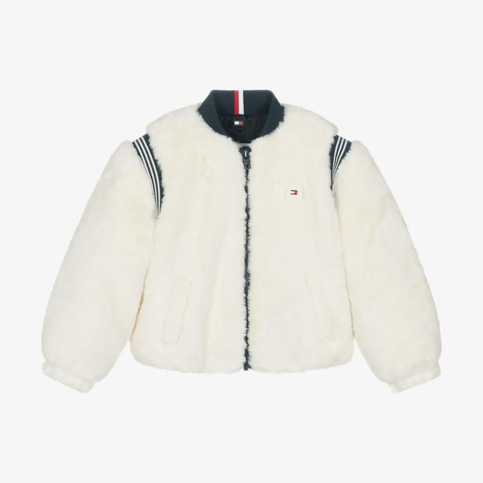 Tommy Hilfiger Girls Ivory Faux Fur Varsity Jacket New