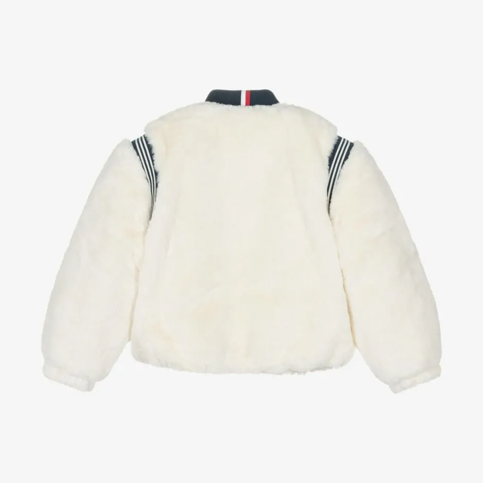 Tommy Hilfiger Girls Ivory Faux Fur Varsity Jacket New