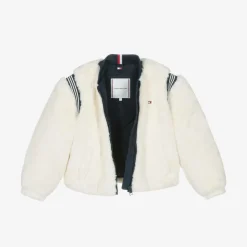 Tommy Hilfiger Girls Ivory Faux Fur Varsity Jacket New