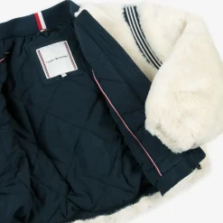 Tommy Hilfiger Girls Ivory Faux Fur Varsity Jacket New