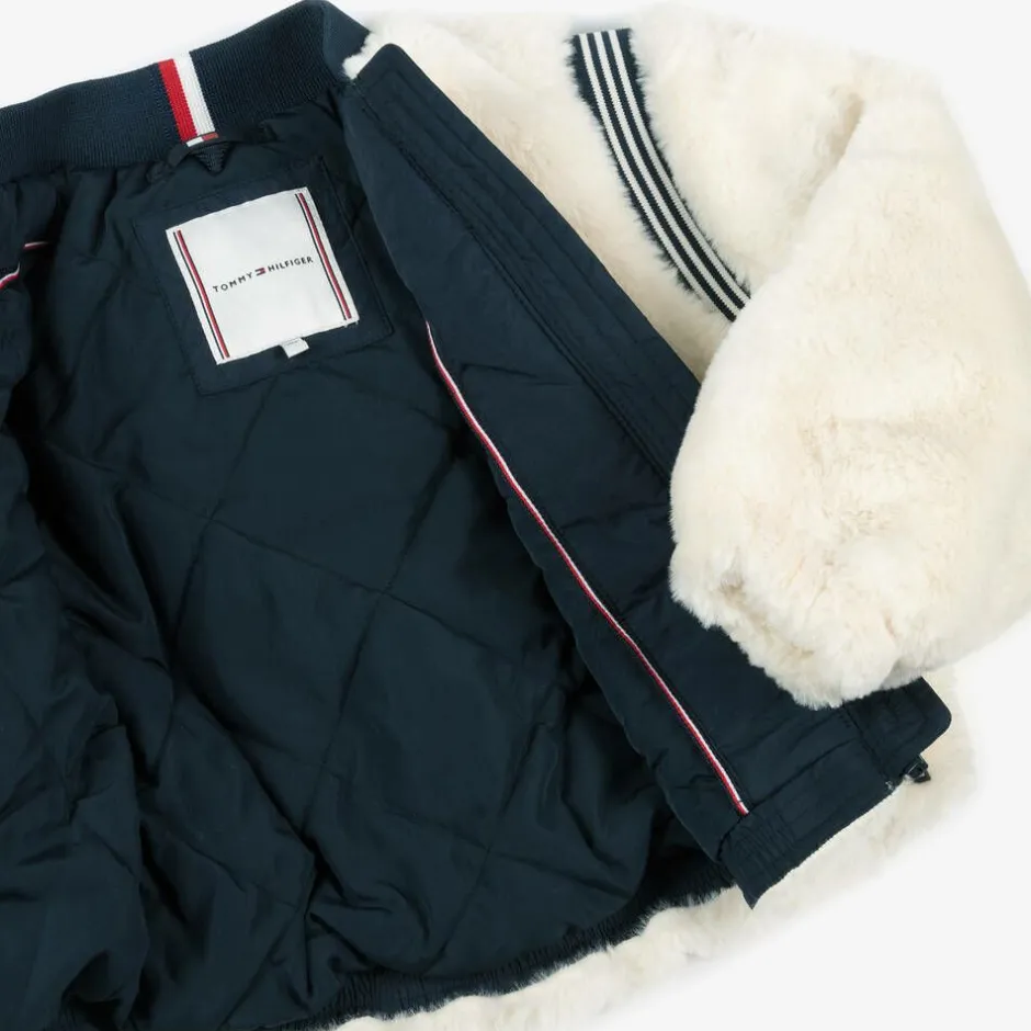 Tommy Hilfiger Girls Ivory Faux Fur Varsity Jacket New