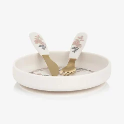 Elodie Girls Ivory Floral Silicone Plate & Cutlery Set Clearance