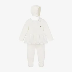 Artesanía Granlei Girls Ivory Knitted Babysuit & Hat Set New