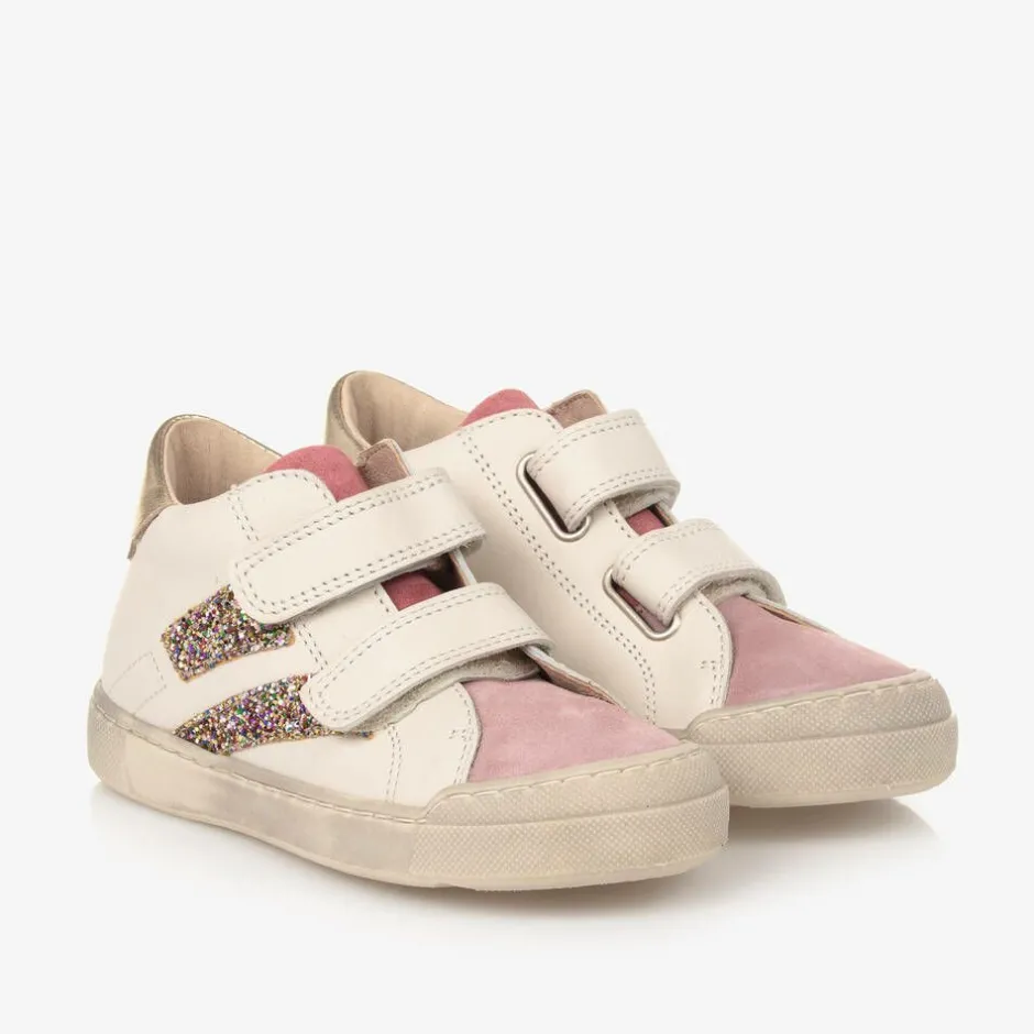 Falcotto by Naturino Girls Ivory Leather Glitter Stripe Trainers Outlet