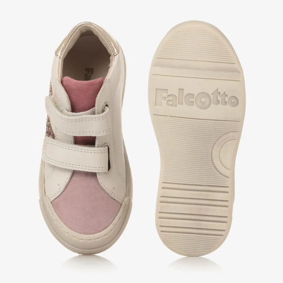 Falcotto by Naturino Girls Ivory Leather Glitter Stripe Trainers Outlet