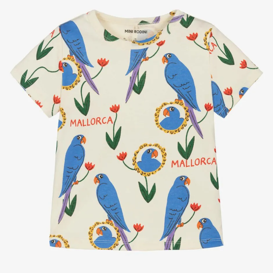 Mini Rodini Girls Ivory Organic Cotton Parrot T-Shirt Hot