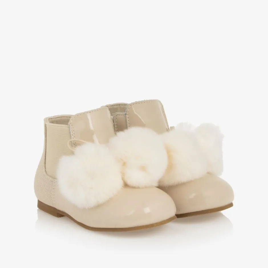 Beau KiD Girls Ivory Patent Leather Pom-Pom Boots