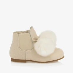 Beau KiD Girls Ivory Patent Leather Pom-Pom Boots
