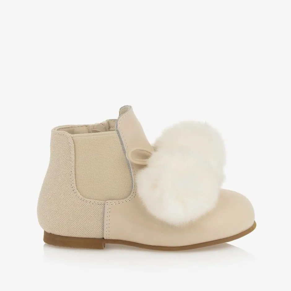 Beau KiD Girls Ivory Patent Leather Pom-Pom Boots