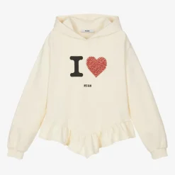 MSGM Girls Ivory Rhinestone Heart Hoodie Hot