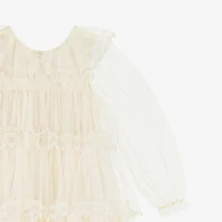 Petite Amalie Girls Long Ivory Embroidered Tulle Dress Outlet