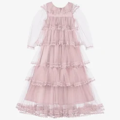 Petite Amalie Girls Long Pink Embroidered Tulle Dress New
