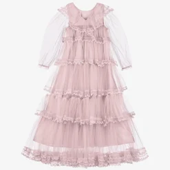 Petite Amalie Girls Long Pink Embroidered Tulle Dress New