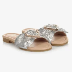 Angels Face Girls Metallic Silver Heart Sliders Clearance