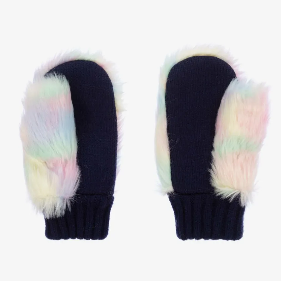 Billieblush Girls Navy Blue Knit & Faux Fur Mittens Hot