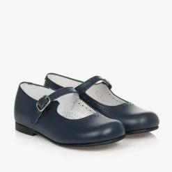 Childrens Classics Girls Navy Blue Leather Shoes Hot