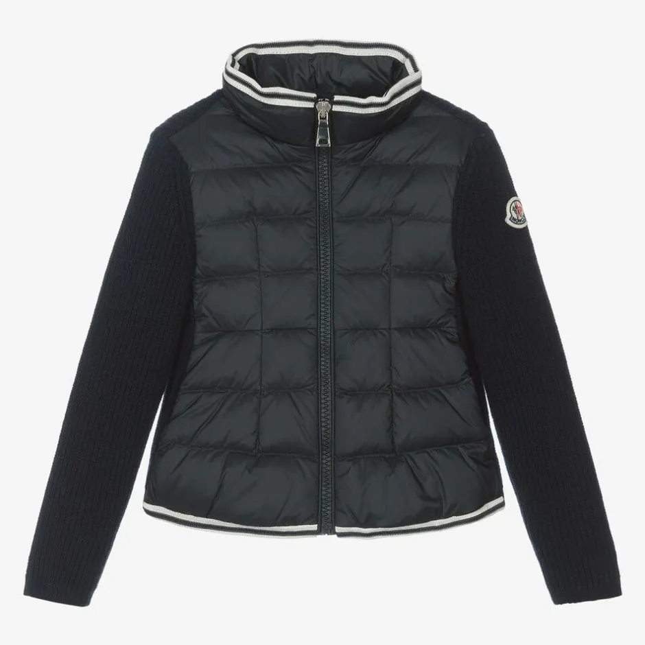 Moncler Enfant Girls Navy Blue Padded Down & Wool Jacket Discount