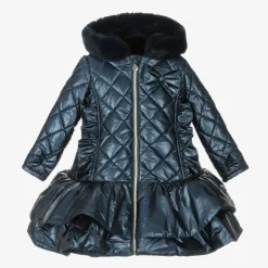 Caramelo Kids Girls Navy Blue Quilted Hooded Coat Clearance