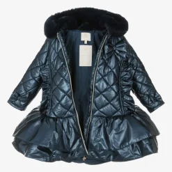 Caramelo Kids Girls Navy Blue Quilted Hooded Coat Clearance