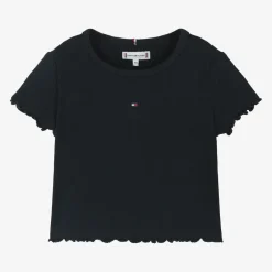 Tommy Hilfiger Girls Navy Blue Ribbed Cotton T-Shirt Clearance