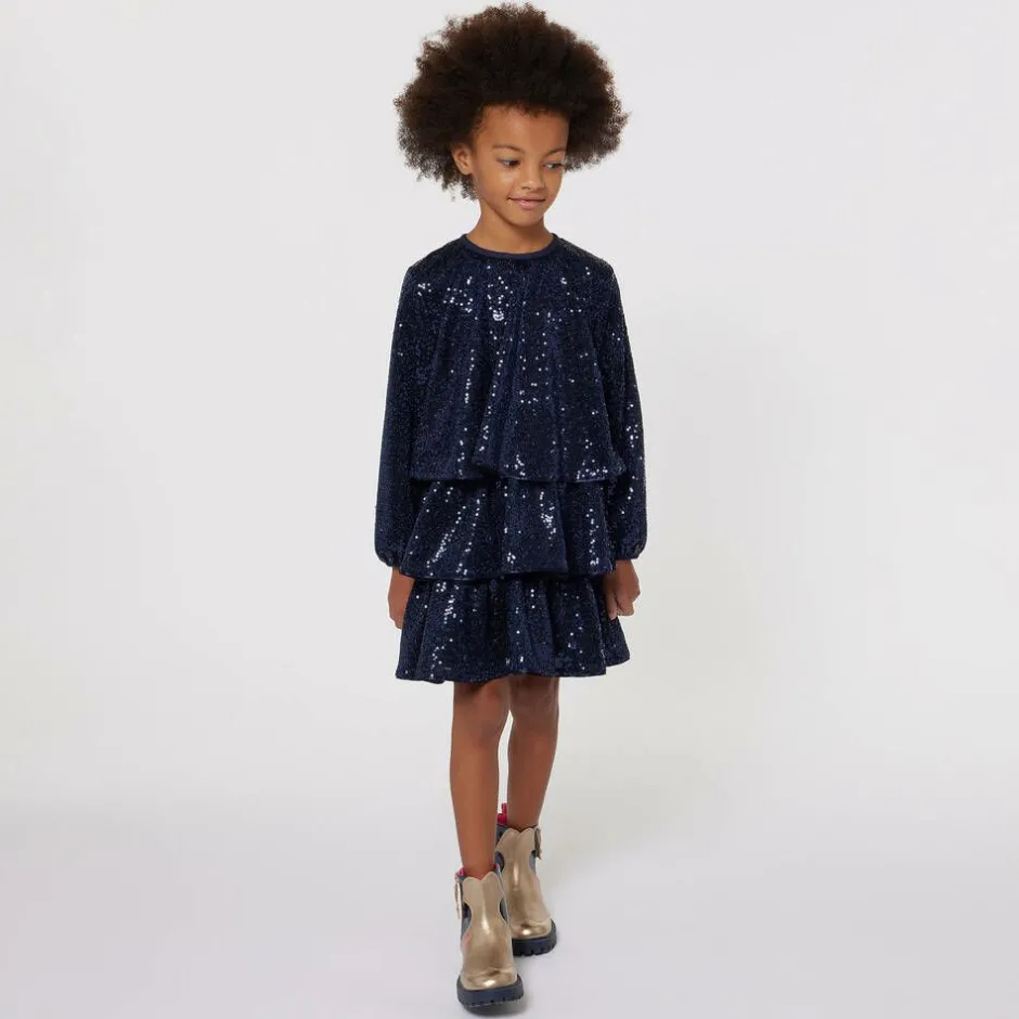 Billieblush Girls Navy Blue Sequin Flounced Dress Clearance