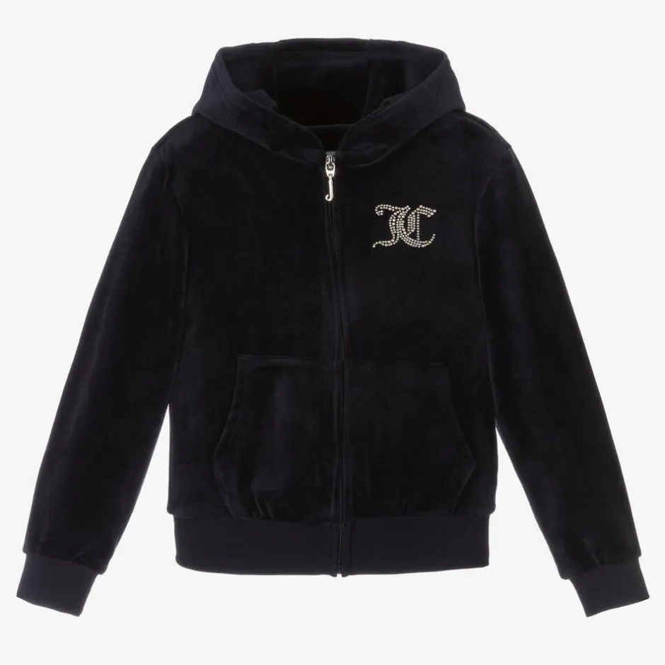 Juicy Couture Girls Navy Blue Velour Diamanté Zip-Up Top Clearance