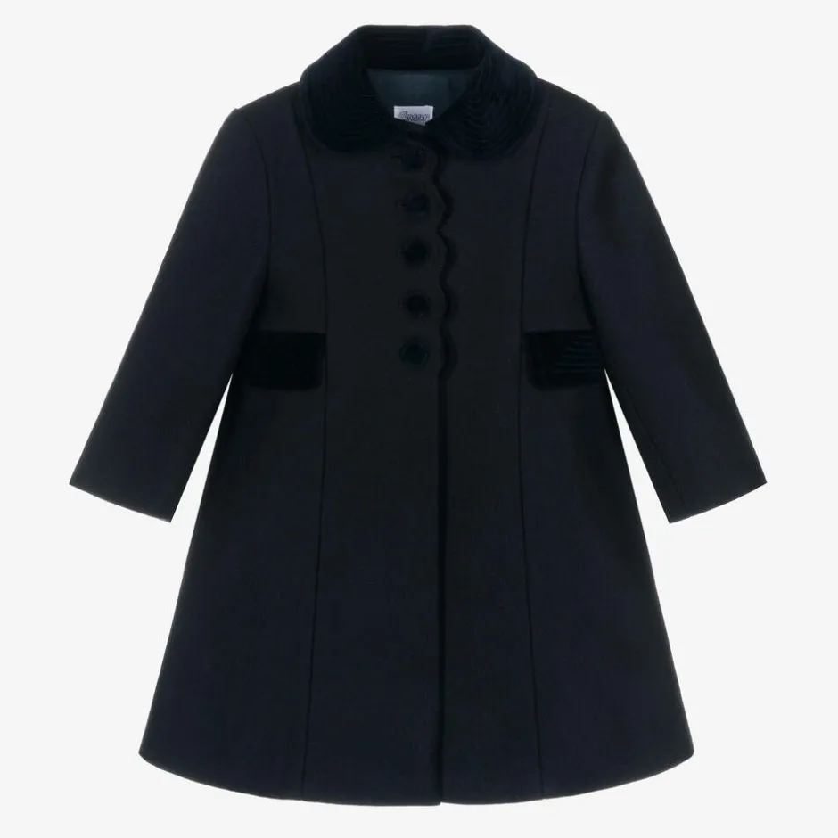 Ancar Girls Navy Blue Wool & Velvet Coat Outlet
