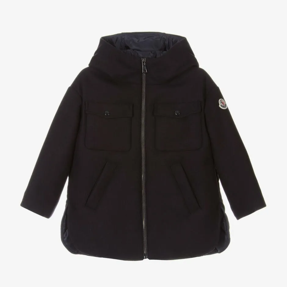 Moncler Enfant Girls Navy Blue Wool Coat Discount