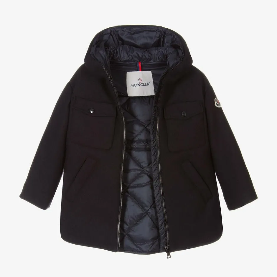 Moncler Enfant Girls Navy Blue Wool Coat Discount