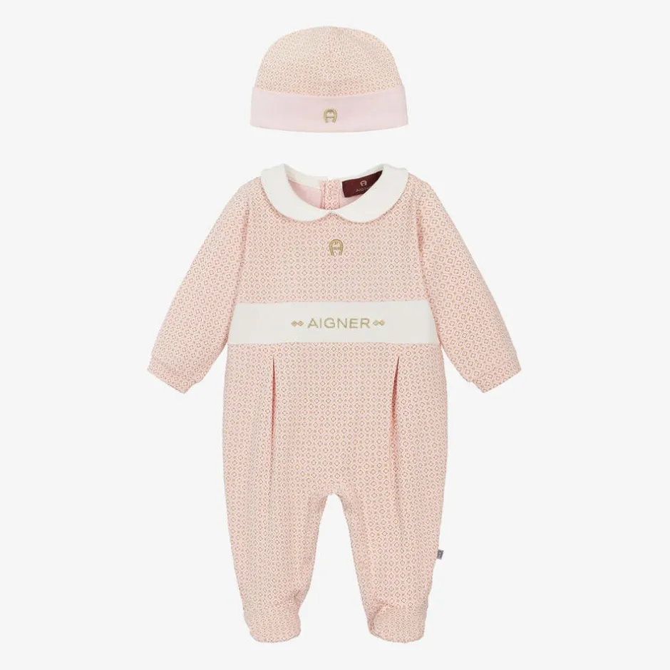 AIGNER Girls Pink & Gold Cotton Babysuit Set Clearance
