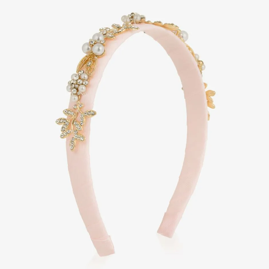 David Charles Girls Pink & Diamanté Leaves Hairband New