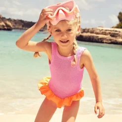Hunza G Girls Pink & Orange Crinkle Frill Swimsuit Sale