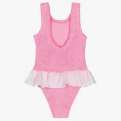 Hunza G Girls Pink & White Crinkle Frill Swimsuit Bubblegum Online