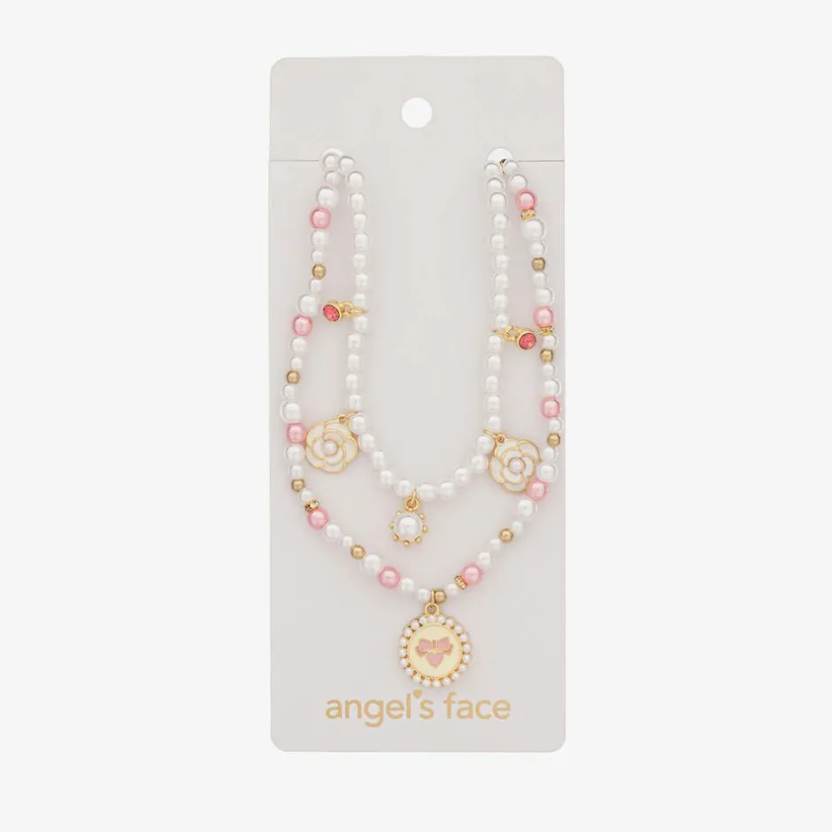 Angels Face Girls Pink & White Pearl Necklace (41cm) Hot