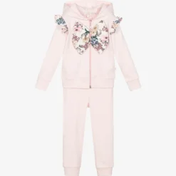 Caramelo Kids Girls Pink Cotton Floral Bow Tracksuit Hot