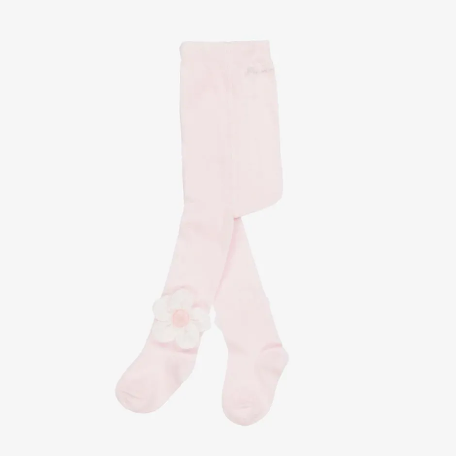 Monnalisa Girls Pink Cotton Knit Flower Tights New