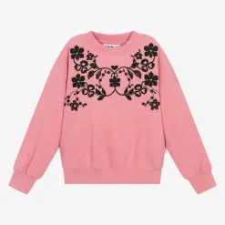 Molo Girls Pink Embroidered Cotton Sweatshirt FlamingoPlume