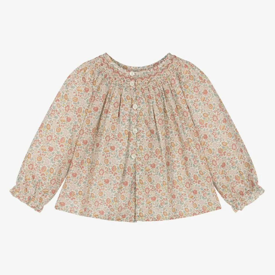 Bonpoint Girls Pink Floral Print Cotton Blouse Clearance