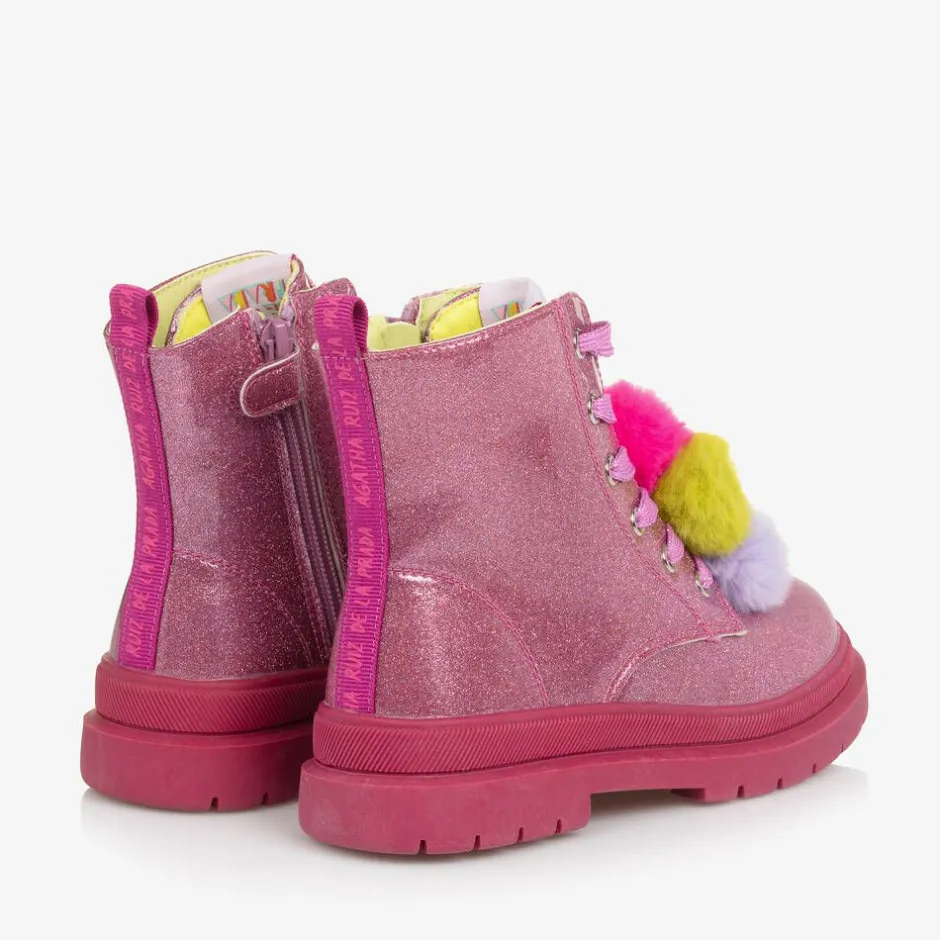 Agatha Ruiz de la Prada Girls Pink Glitter Pom-Pom Boots Hot