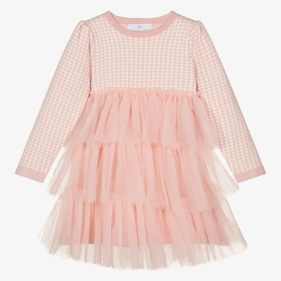 Beau KiD Girls Pink Houndstooth Knitted Dress Clearance