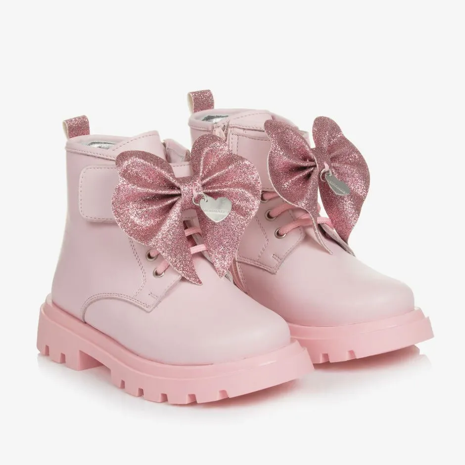 Monnalisa Girls Pink Leather Bow Ankle Boots New