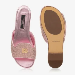 Dolce amp; Gabbana Girls Pink Leather Rhinestones Sliders Online