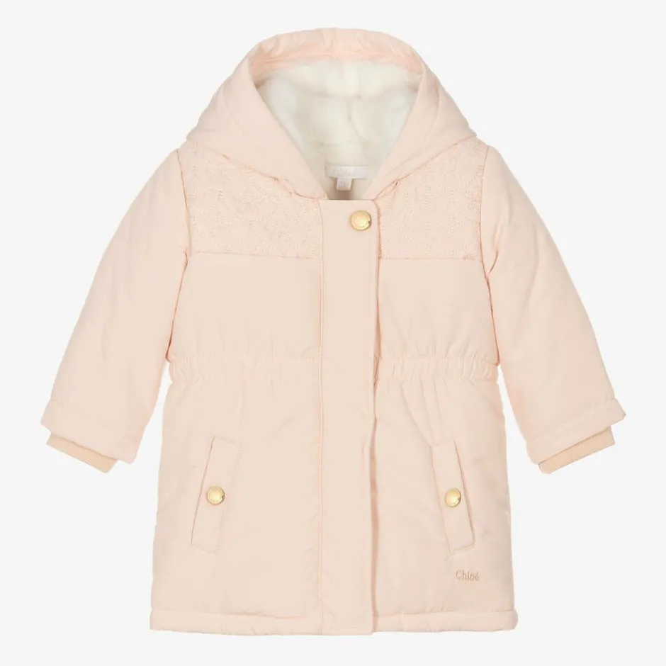 Chloé Girls Pink Padded Embroidered Coat Outlet