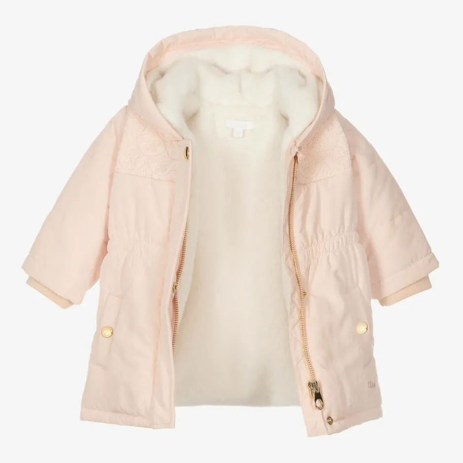 Chloé Girls Pink Padded Embroidered Coat Outlet