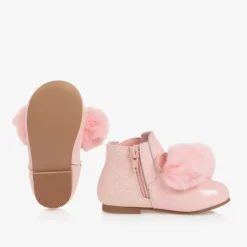 Beau KiD Girls Pink Patent Leather Pom-Pom Boots