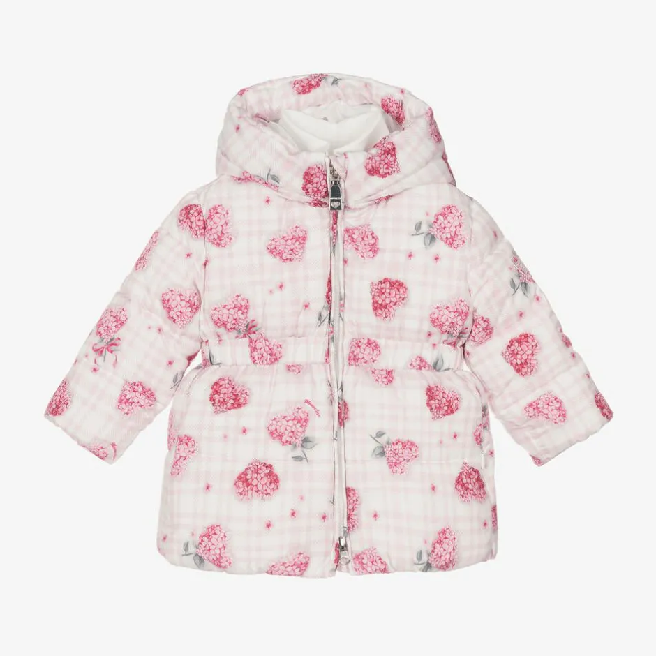 Monnalisa Girls Pink Puffer Flower Hooded Coat