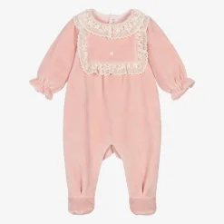 Tartine et Chocolat Girls Pink Velour & Lace Babygrow Best