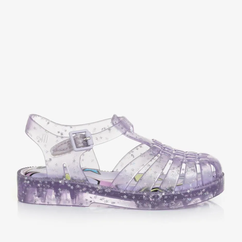 Mini Melissa Girls Purple Star Glitter Jelly Sandals
