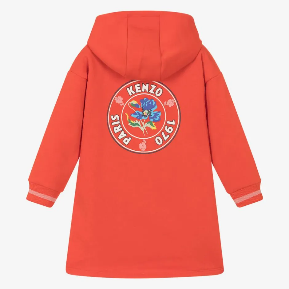 KENZO KIDS Girls Red Cotton Hooded Sweatshirt Dress New