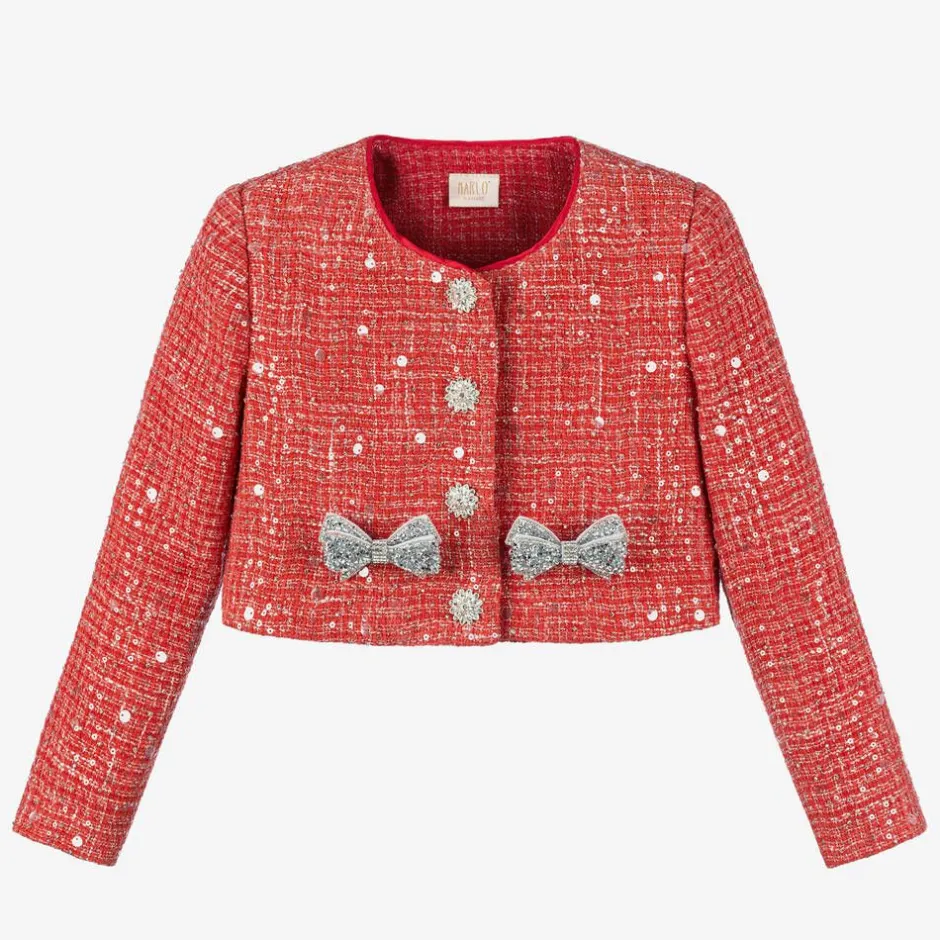 Marlo Kids Girls Red Sequinned Tweed Jacket New